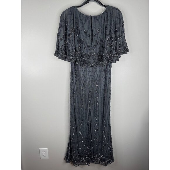 NWT Mac Duggal 5939 Cape Sleeve Embellished Midi Dress Pewter Size 14W - Picture 8 of 9